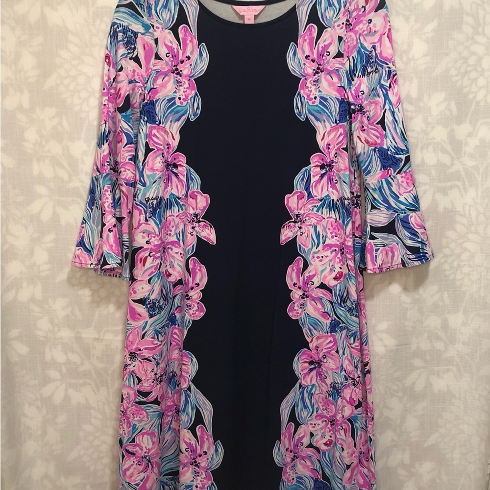 Lilly Pulitzer Navy Blue Pink Tropical Ophelia Swing Dress Flutter Sleeves